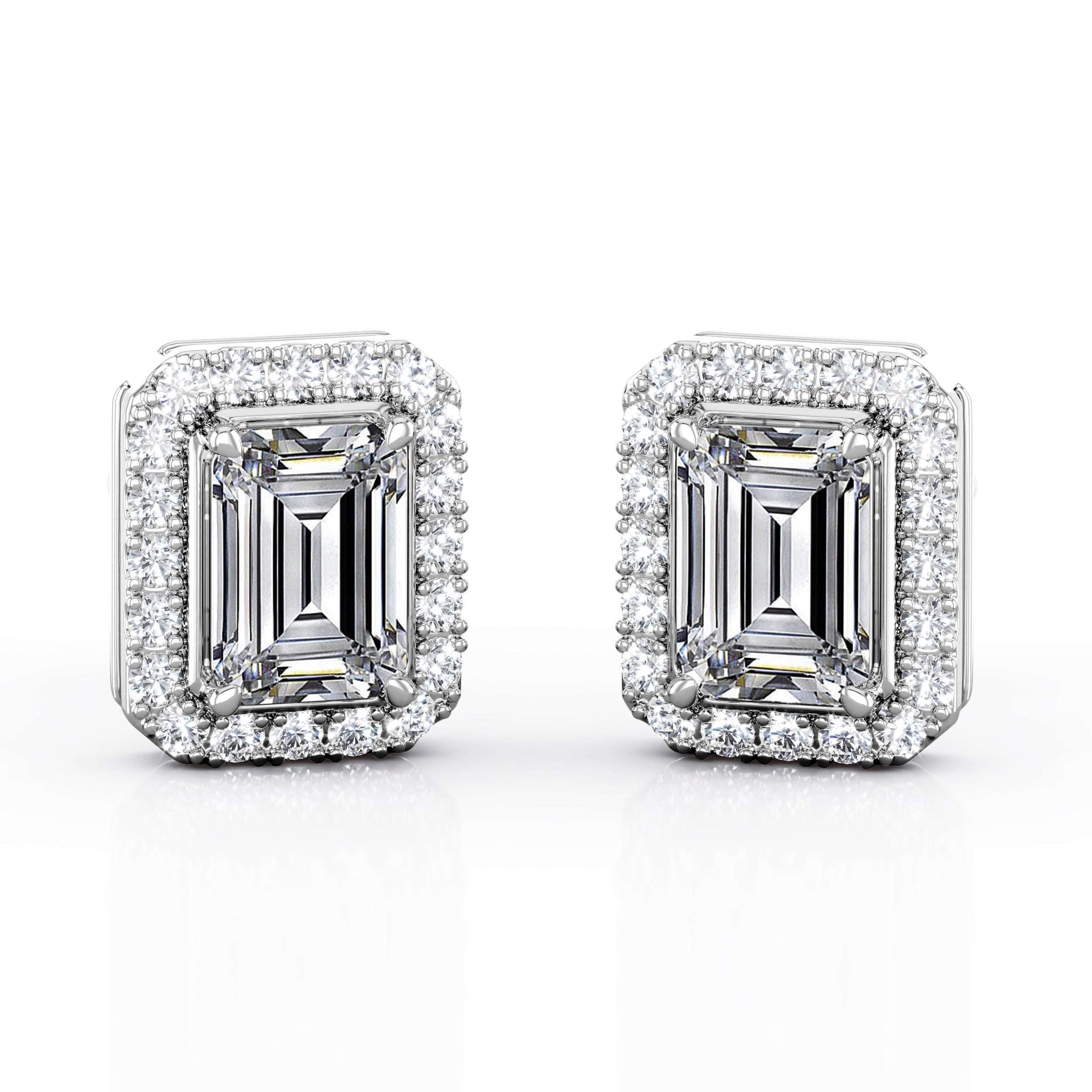 Single Stone Solitaire 1.10 Carat Emerald Cut Certified Moissanite and Diamond Halo Shared Prong Stud Earrings in Rose Gold