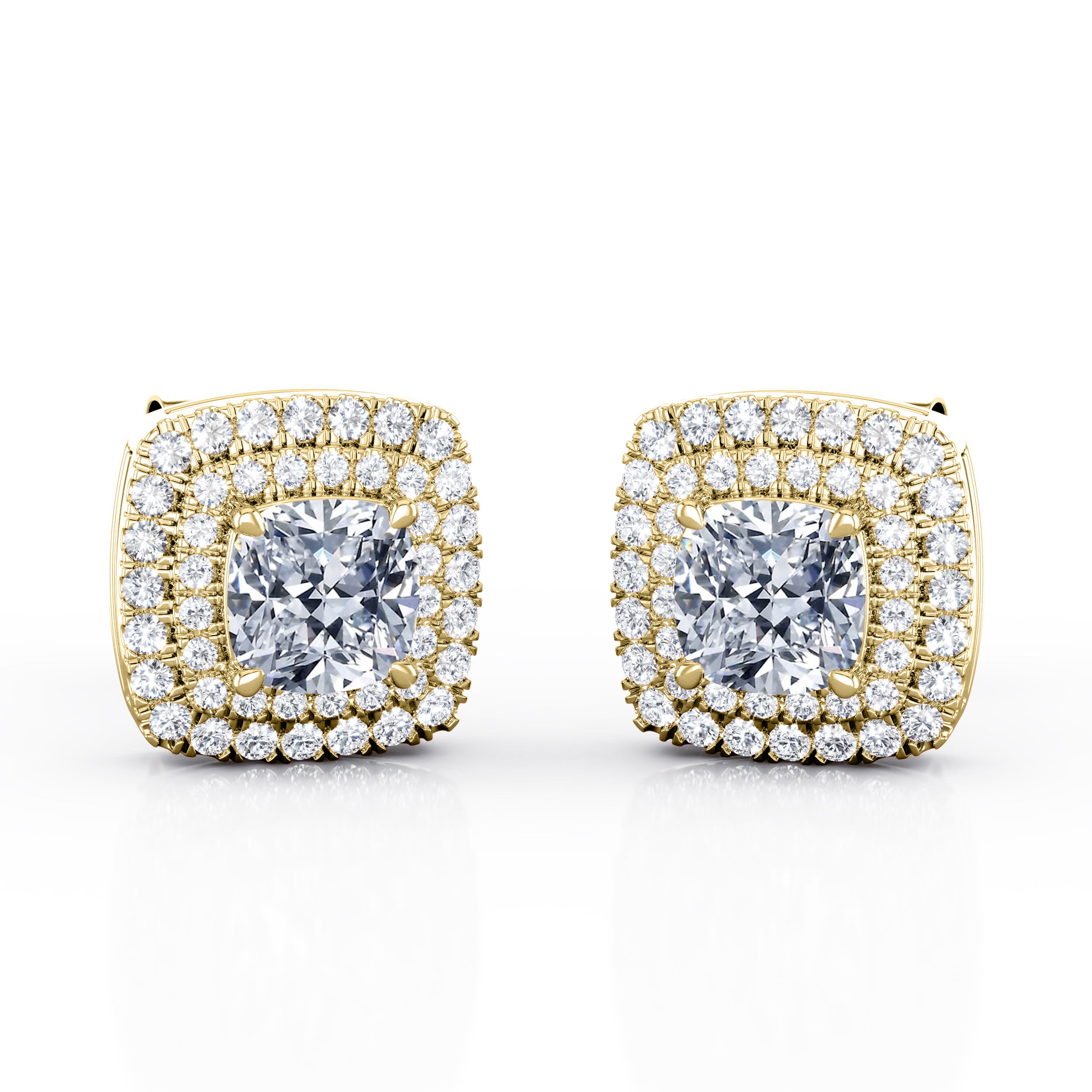 4 Claw 1.20 Carat Cushion Cut Certified Moissanite and Diamond Double Halo Pave Stud Earrings in Rose Gold