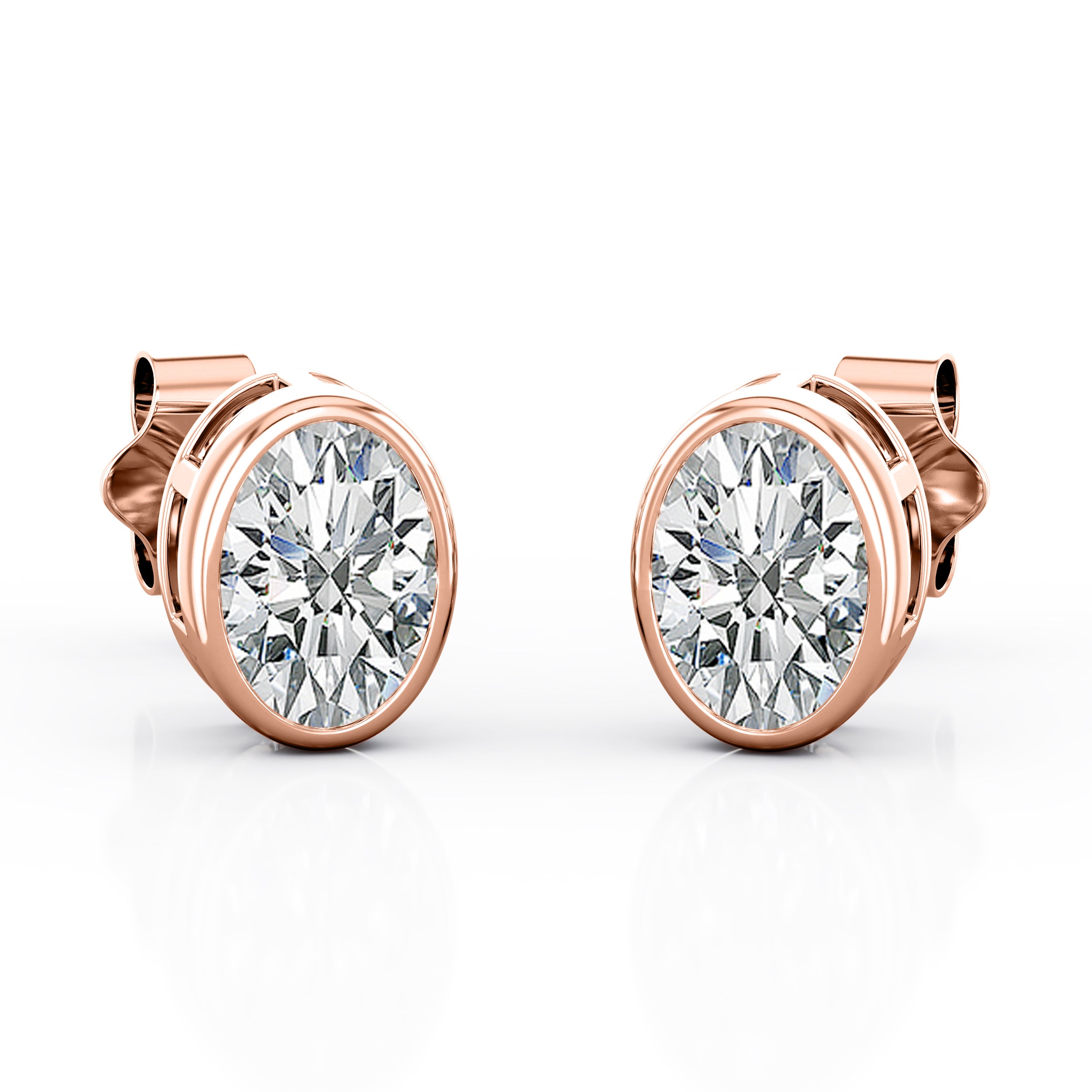Solitaire 1 Carat Oval Cut Certified Moissanite Bezel Set Stud Earrings in Yellow Gold