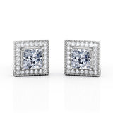 Art Deco 4 Prong 1.10 Carat Princess Cut Certified Moissanite and Diamond Surface Prong Ear Studs in Rose Gold