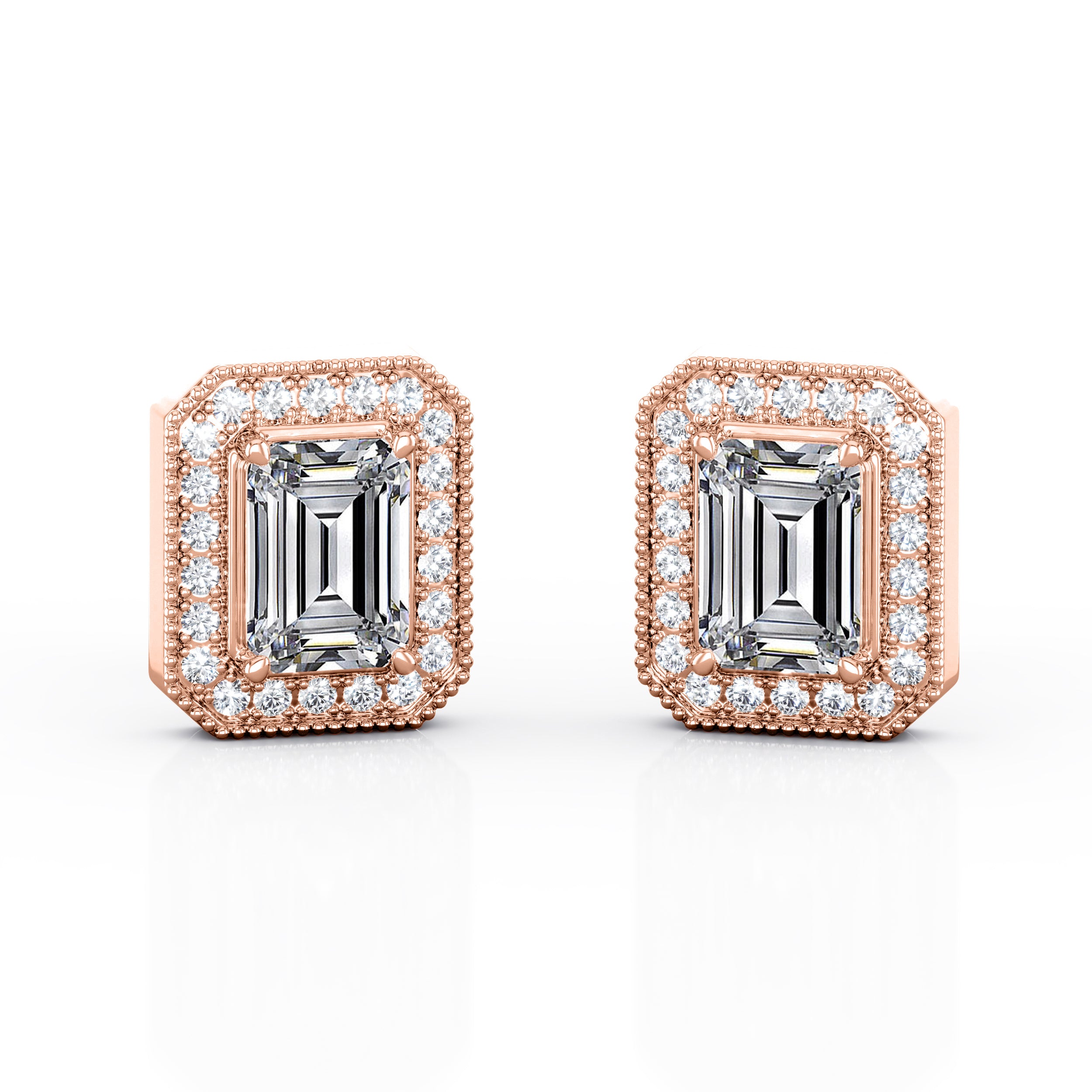 Octagonal Milgrain 0.85 CT TDW Emerald Cut Certified Lab Diamond Surface Prong Stud Earrings in White Gold