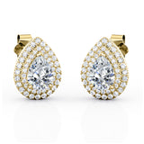 Art Deco 0.95 CT TDW Pear Shape Diamond Double Halo Micro Pave Ear Studs in Yellow Gold