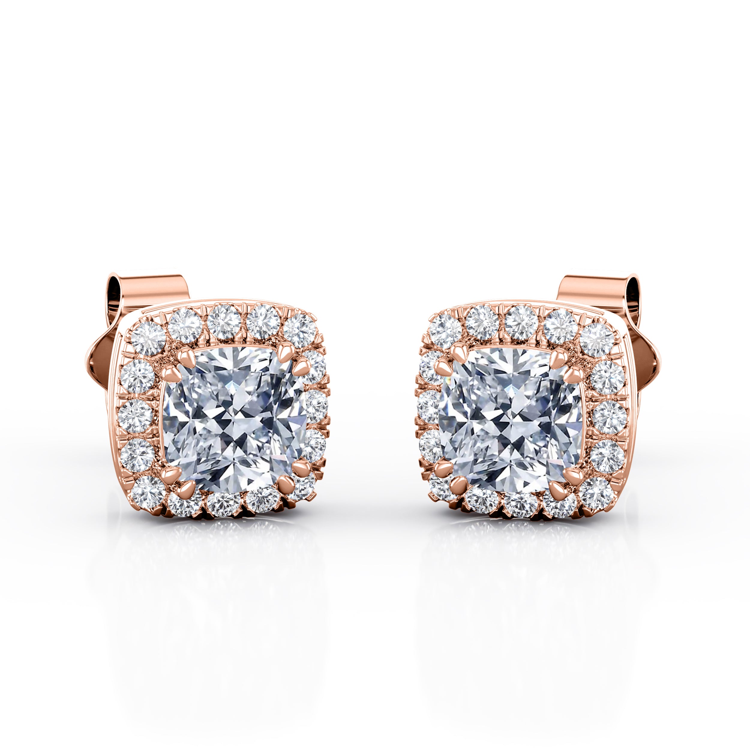 Double Prong 1.10 Carat Cushion Cut Certified Moissanite and Diamond Halo Pave Stud Earrings in Yellow Gold