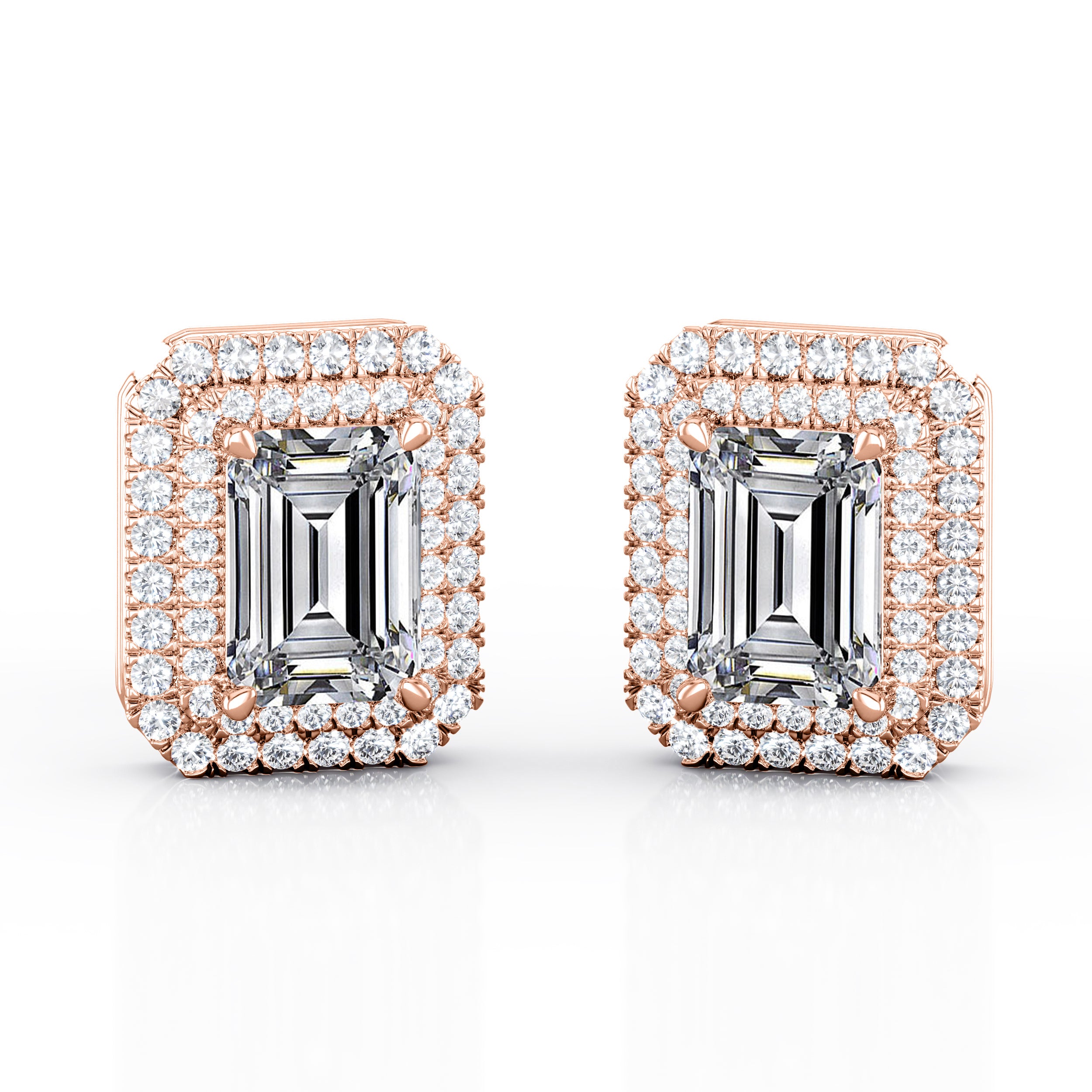 Antique Claw Set 2.20 Carat Emerald Cut Certified Moissanite and Diamond Double Frame Encrusted Ear Studs in Yellow Gold