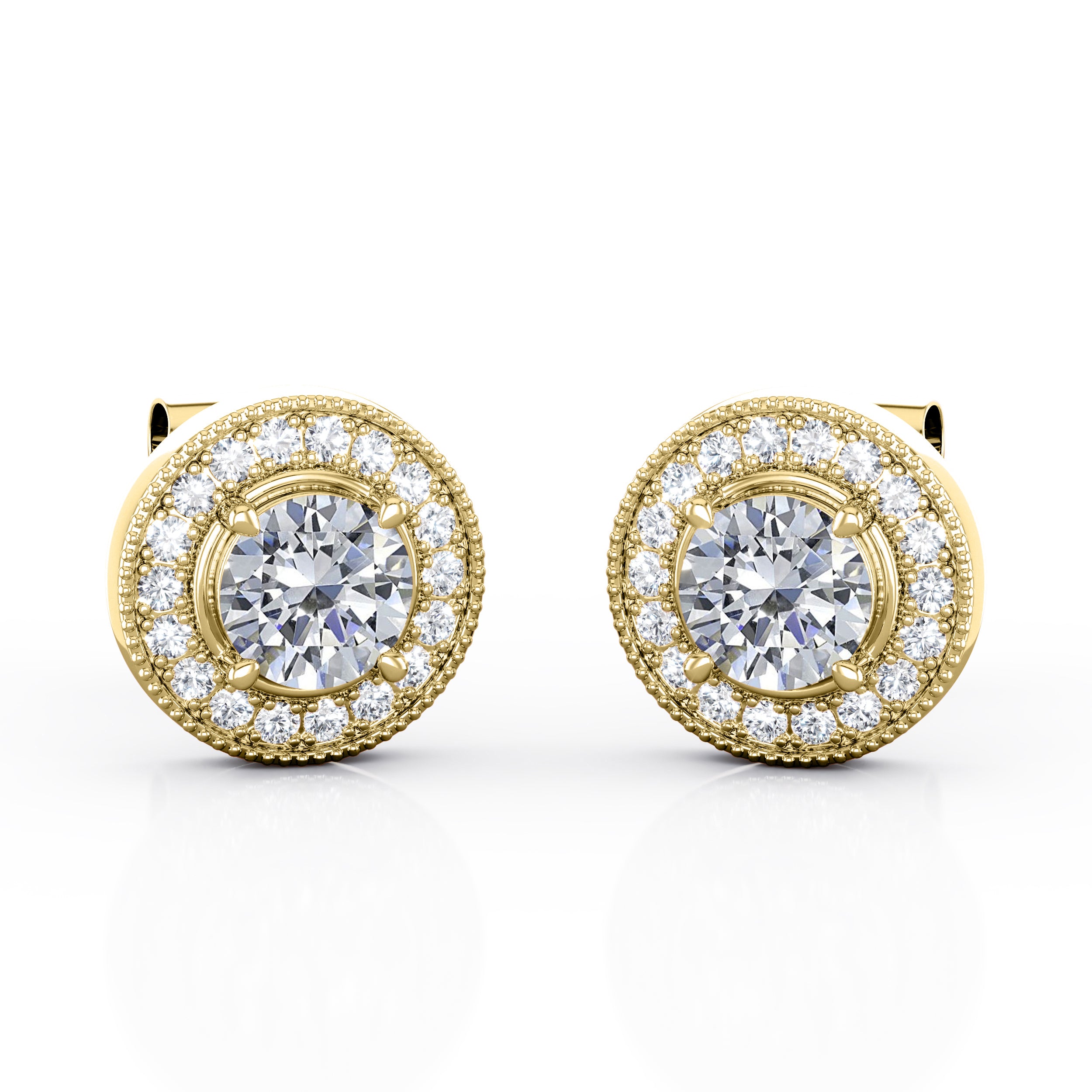 Half Bezel Set 1.70 Carat Round Cut Certified Moissanite and Diamond Surface Prong Edwardian Stud Earrings in Rose Gold