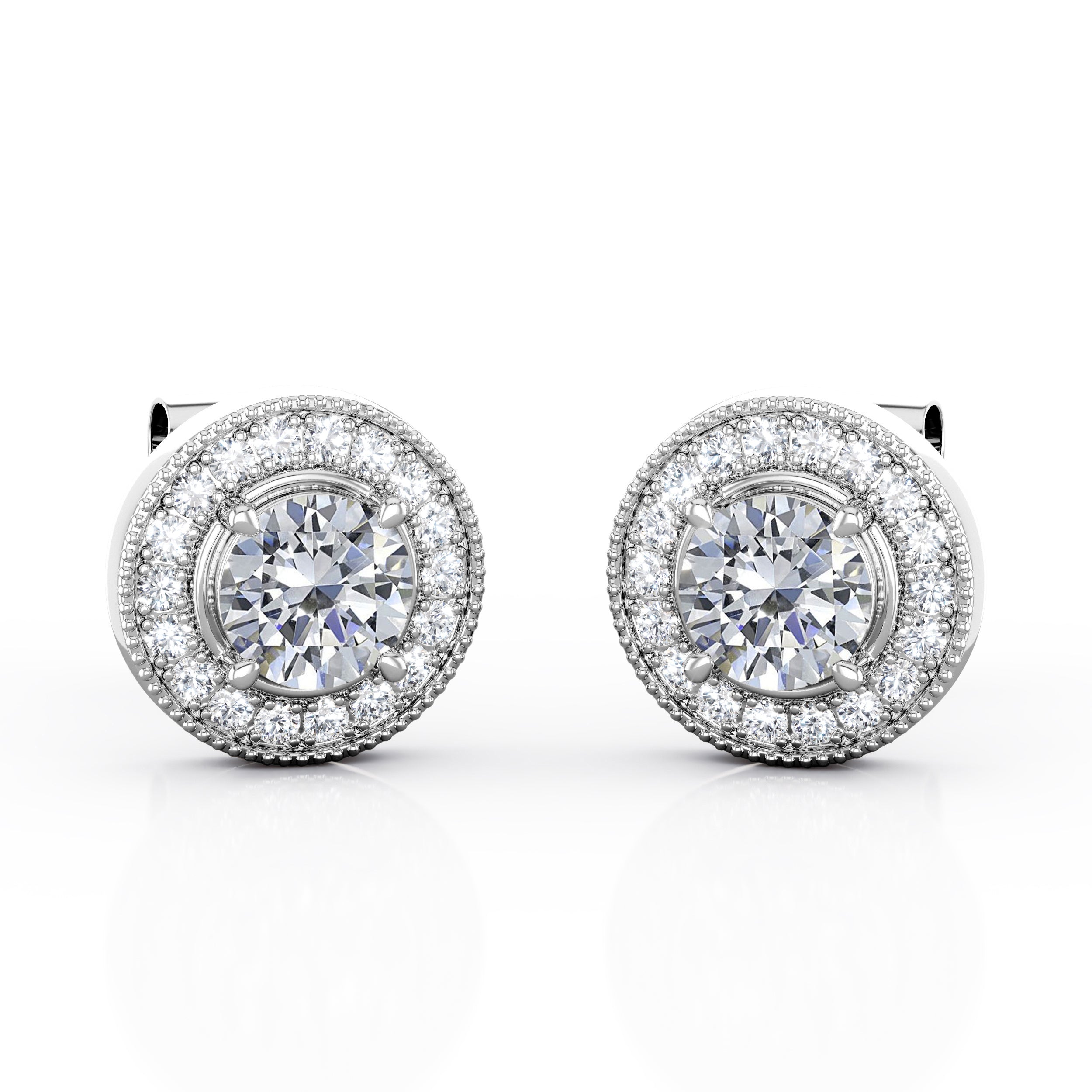Half Bezel Set 1.70 Carat Round Cut Certified Moissanite and Diamond Surface Prong Edwardian Stud Earrings in Rose Gold