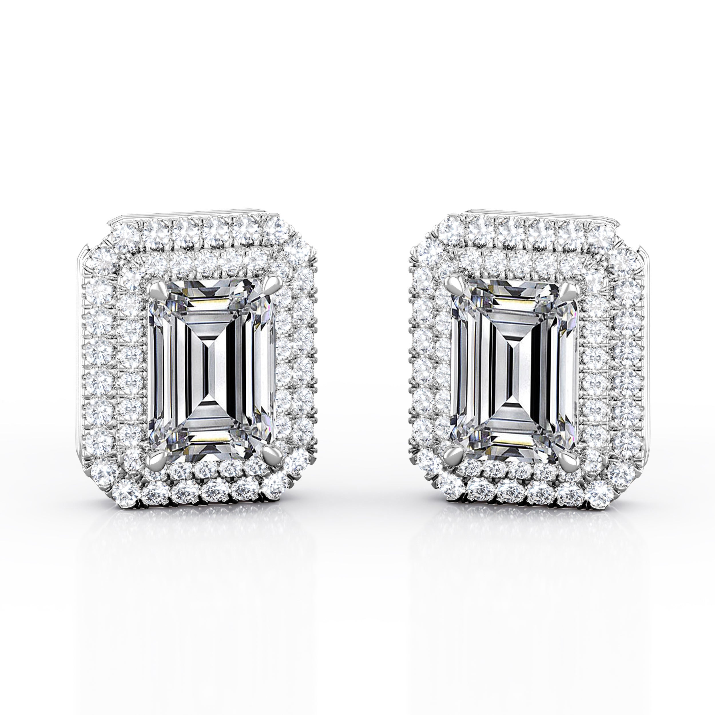 Antique Claw Set 2.20 Carat Emerald Cut Certified Moissanite and Diamond Double Frame Encrusted Ear Studs in Yellow Gold