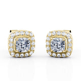 Four Prong 1.10 Carat Cushion Cut Certified Moissanite and Diamond French Pave Under Halo Ear Studs in White Gold