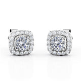 Basket Prong Setting 1.10 Carat Round Certified Moissanite and Diamond Halo Pave Stud Earrings in Yellow Gold