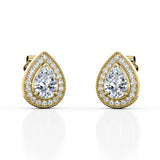 3 Prong Art Deco 1.10 Carat Pear Cut Certified Moissanite and Diamond Scallop Pave Stud Earrings in Rose Gold