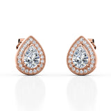 3 Prong Art Deco 1.10 Carat Pear Cut Certified Moissanite and Diamond Scallop Pave Stud Earrings in Rose Gold