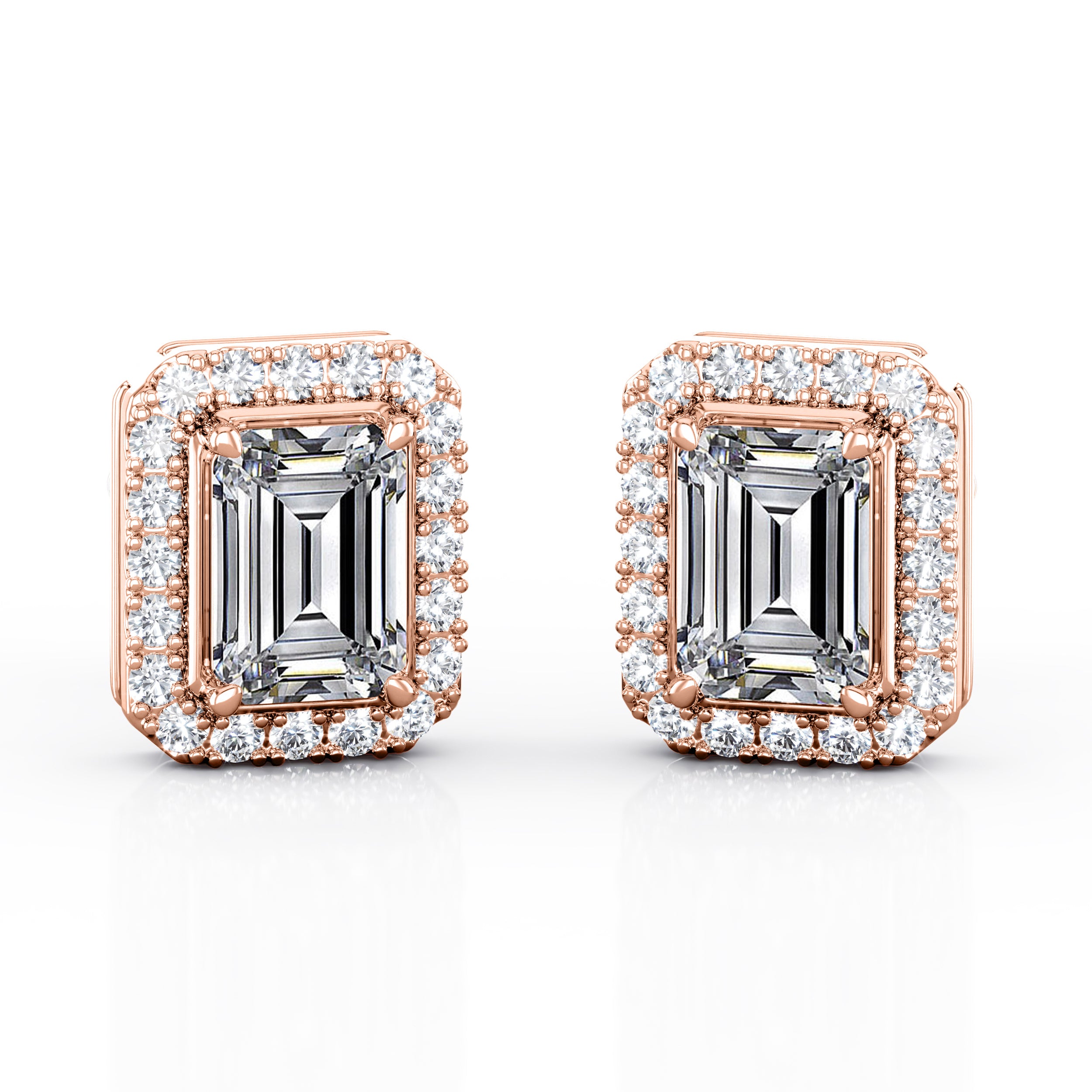 Four Claw Set 1.20 CT TDW Emerald Cut Certified Lab Diamond Frame Shared Prong Stud Earrings in Yellow Gold for Women