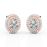 Art Deco Basket Set 2.20 Carat Oval Cut Certified Moissanite and Diamond Double Halo Stud Earrings in Rose Gold