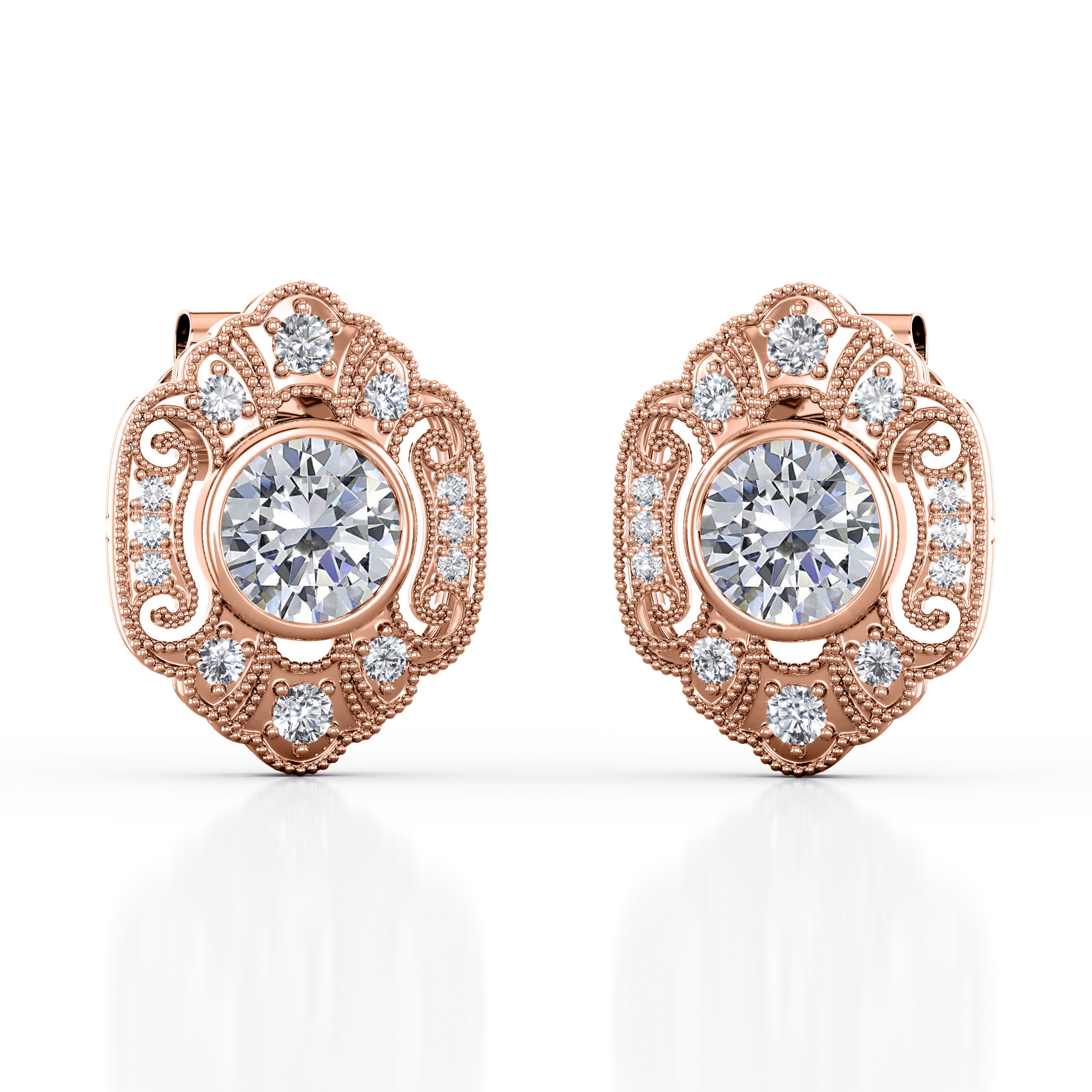 Milgrain Bezel Set 0.70 Carat Round Cut Certified Moissanite and Diamond Edwardian Outline Ear Studs in White Gold