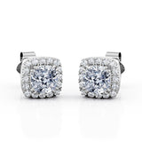 Double Prong 0.60 CT TDW Cushion Cut Certified Lab Diamond Micro Pave Halo Stud Earrings in White Gold