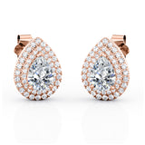 Art Deco 0.95 CT TDW Pear Shape Diamond Double Halo Micro Pave Ear Studs in Yellow Gold