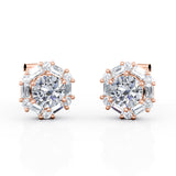 6 Prong 1.25 Carat Round Certified Moissanite and Diamond Hexagonal Halo Stud Earrings in White Gold