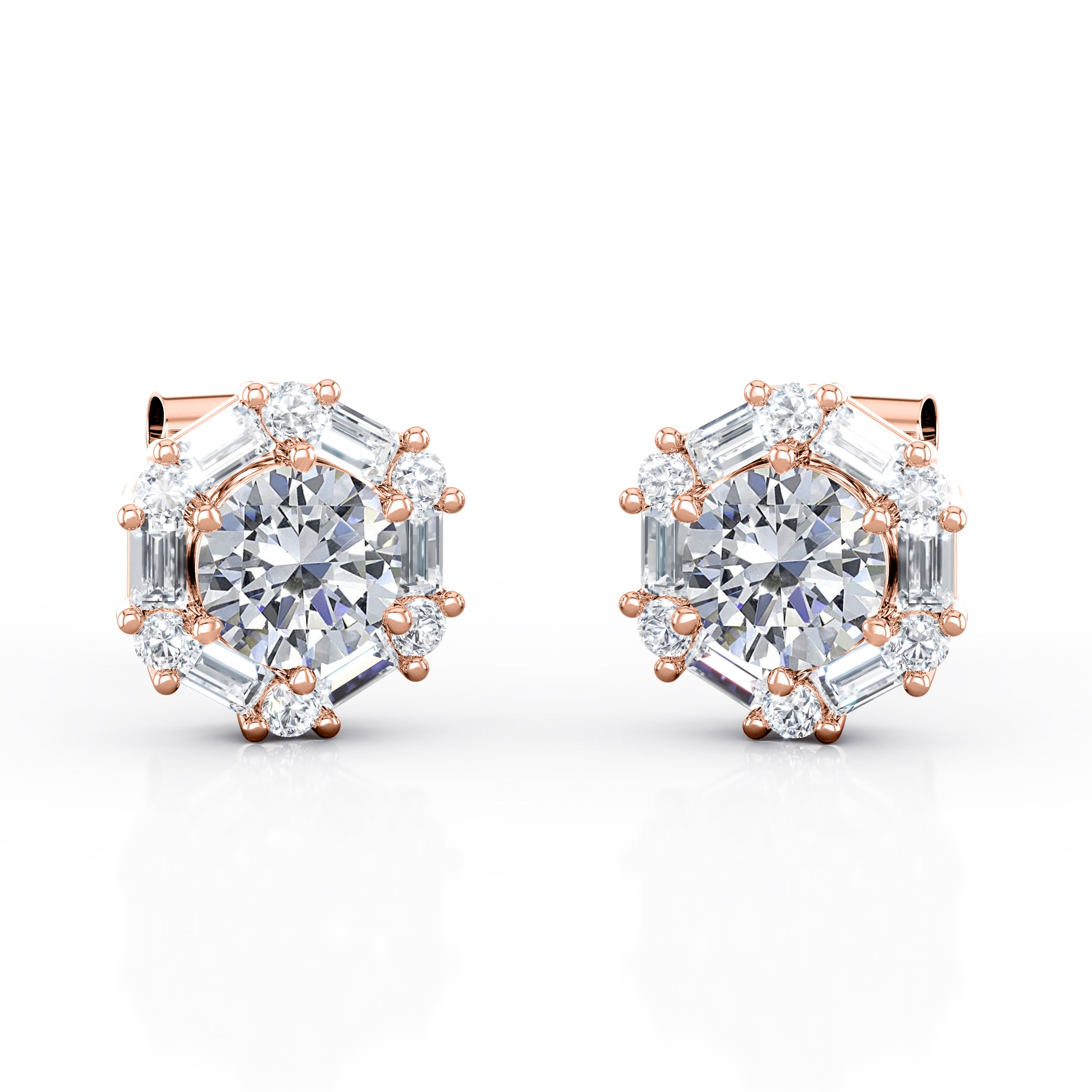 6 Prong 1.25 Carat Round Certified Moissanite and Diamond Hexagonal Halo Stud Earrings in White Gold