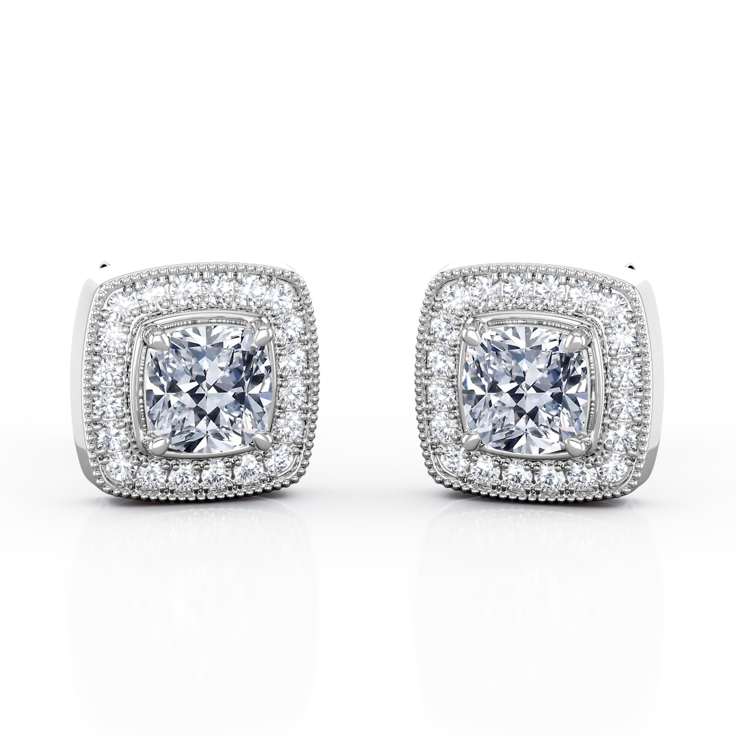 Milgrain Half Bezel Set 0.60 CT TDW Cushion Certified Lab Diamond Surface Prong Stud Earrings in Rose Gold