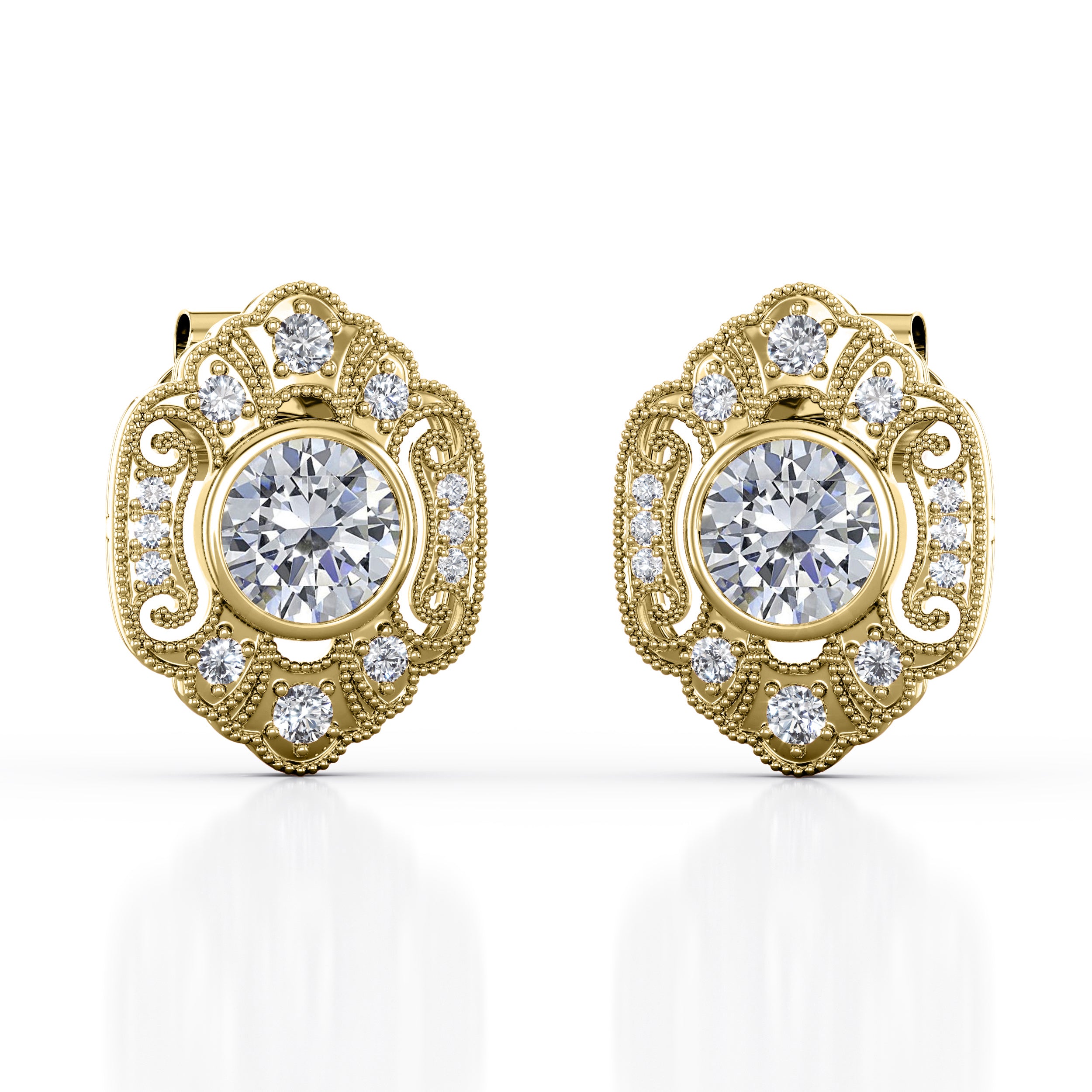 Milgrain Bezel Set 0.70 Carat Round Cut Certified Moissanite and Diamond Edwardian Outline Ear Studs in White Gold