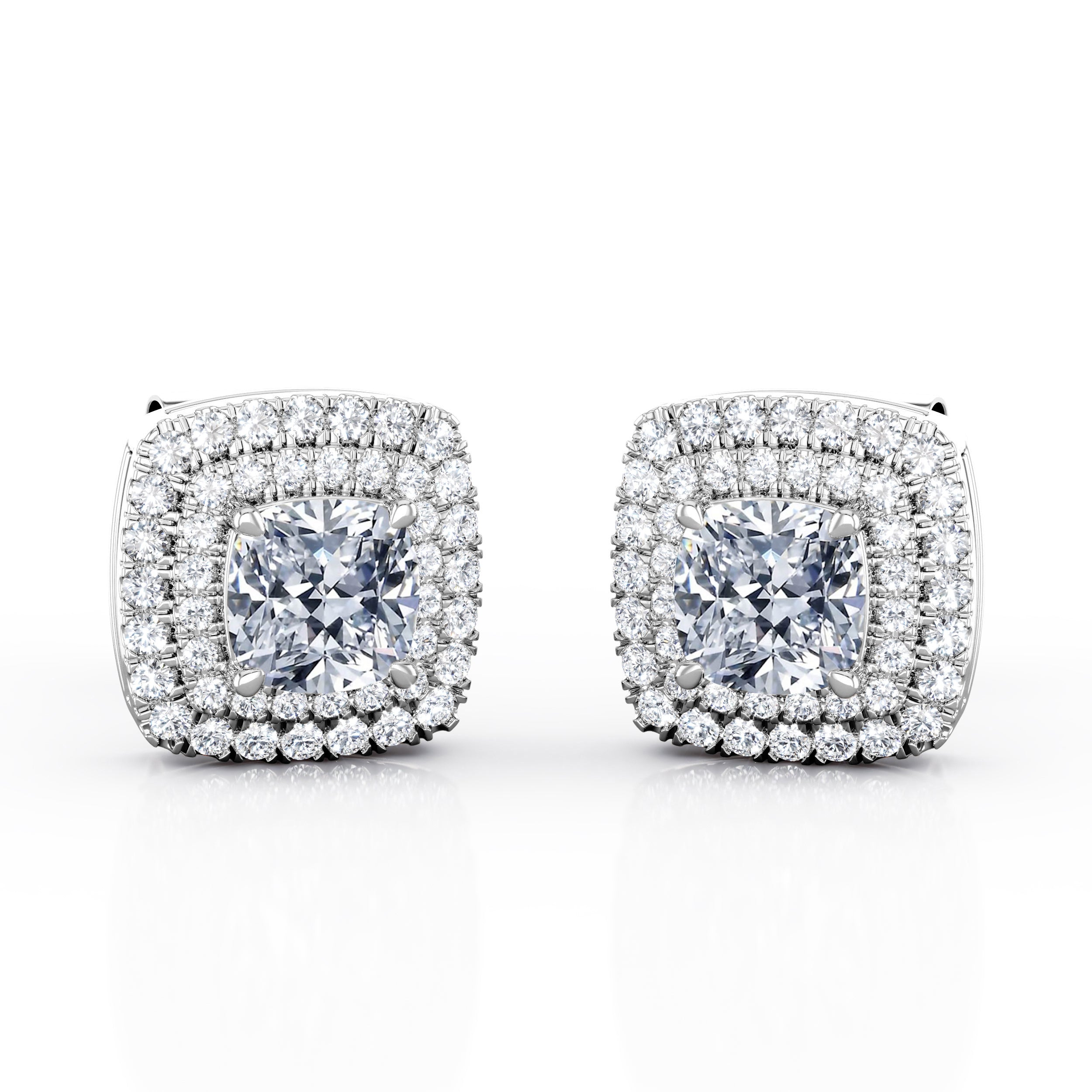 4 Claw 1.20 Carat Cushion Cut Certified Moissanite and Diamond Double Halo Pave Stud Earrings in Rose Gold