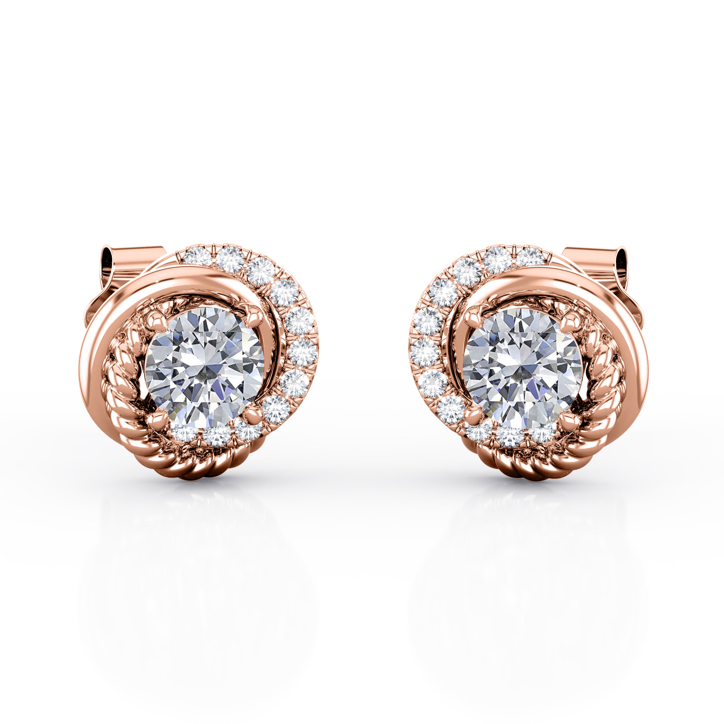 Twist Knot 1.10 Carat Round Cut Certified Moissanite and Diamond Pave Filigree Ear Studs in White Gold