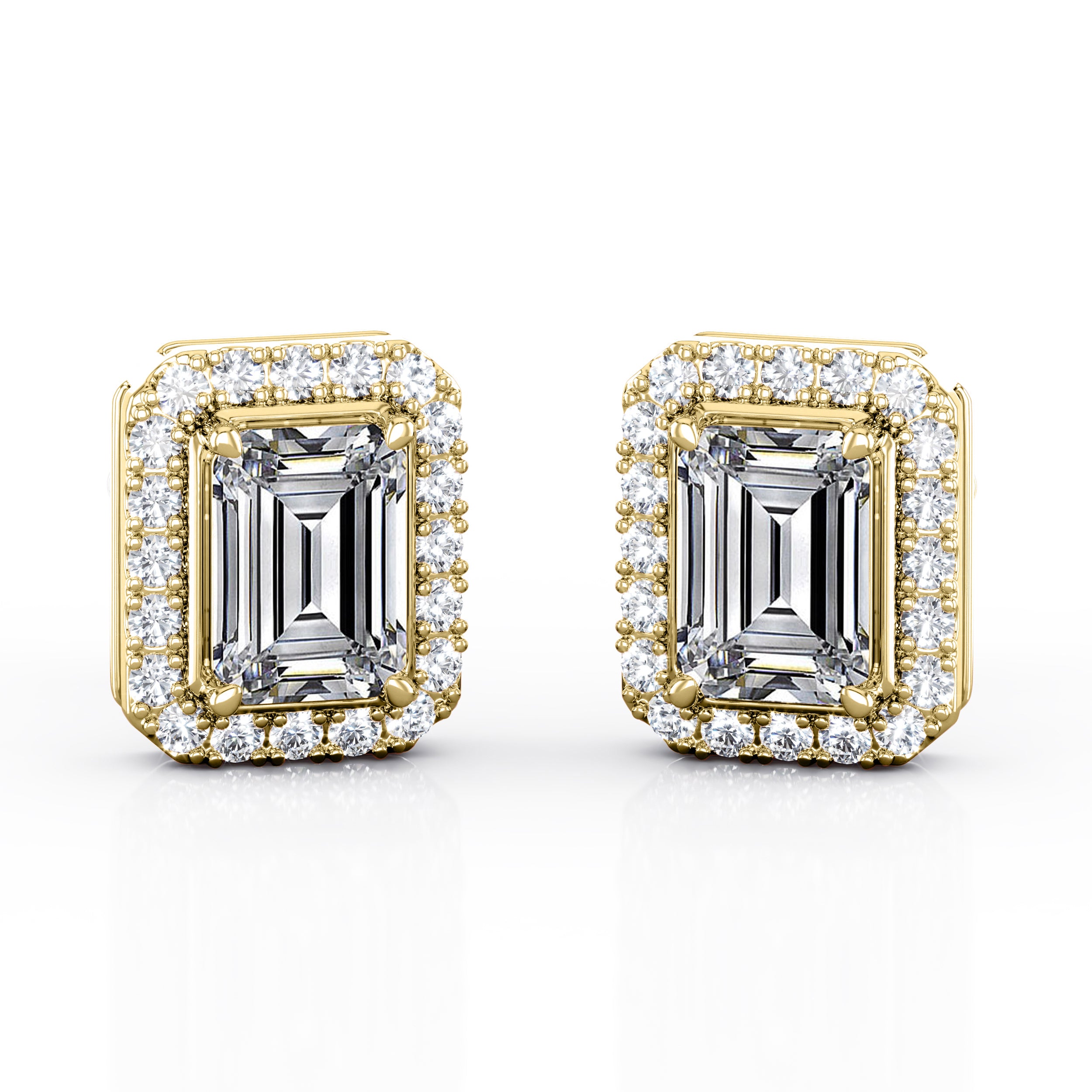Single Stone Solitaire 1.10 Carat Emerald Cut Certified Moissanite and Diamond Halo Shared Prong Stud Earrings in Rose Gold
