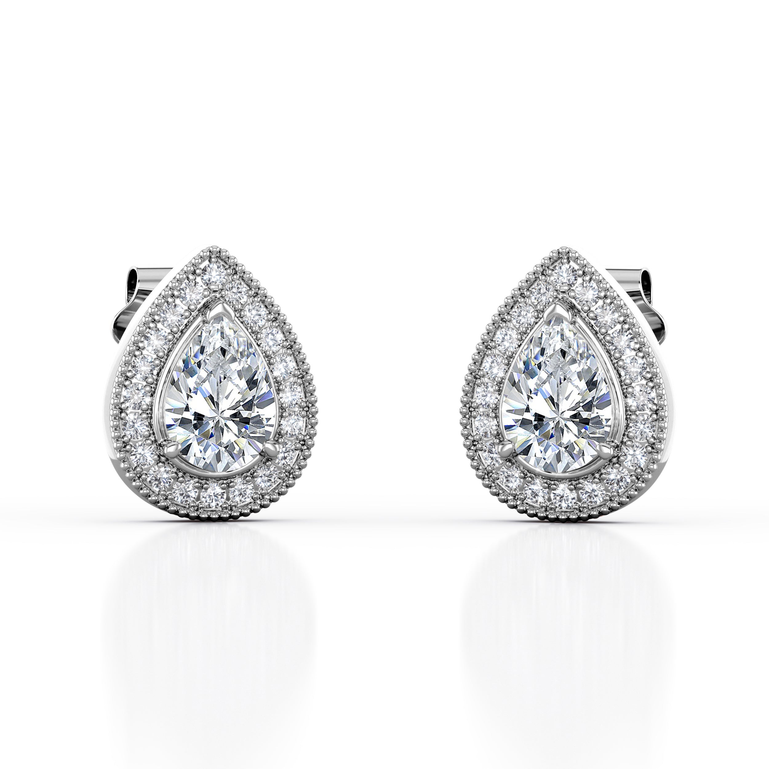 3 Prong Art Deco 1.10 Carat Pear Cut Certified Moissanite and Diamond Scallop Pave Stud Earrings in Rose Gold