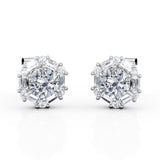 6 Prong 1.25 Carat Round Certified Moissanite and Diamond Hexagonal Halo Stud Earrings in White Gold