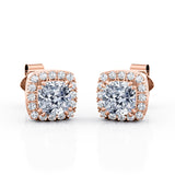 Double Prong 0.60 CT TDW Cushion Cut Certified Lab Diamond Micro Pave Halo Stud Earrings in White Gold