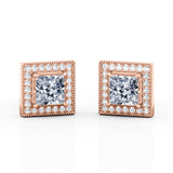 Art Deco 4 Prong 1.10 Carat Princess Cut Certified Moissanite and Diamond Surface Prong Ear Studs in Rose Gold