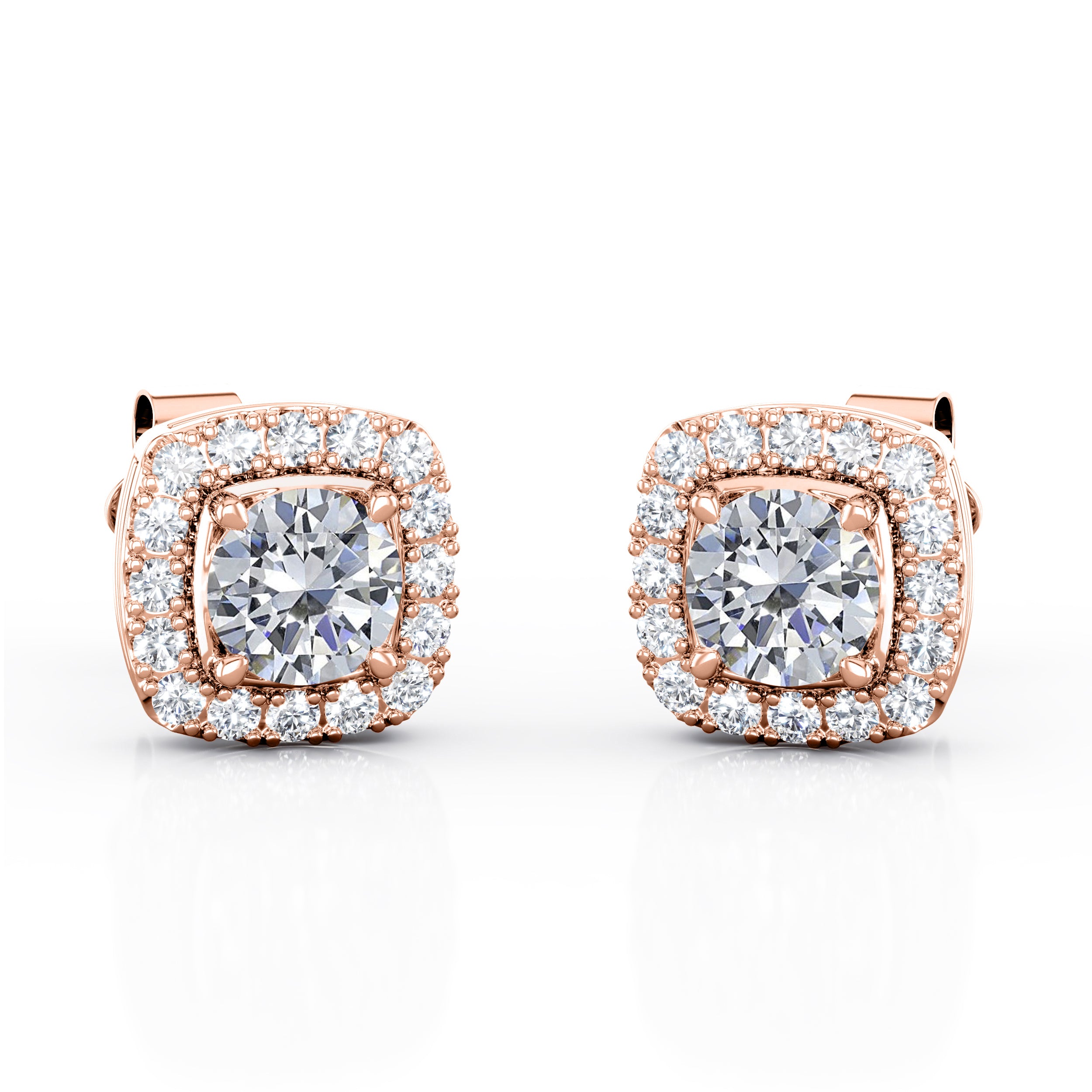 Basket Prong Setting 1.10 Carat Round Certified Moissanite and Diamond Halo Pave Stud Earrings in Yellow Gold