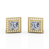 Art Deco 4 Prong 1.10 Carat Princess Cut Certified Moissanite and Diamond Surface Prong Ear Studs in Rose Gold