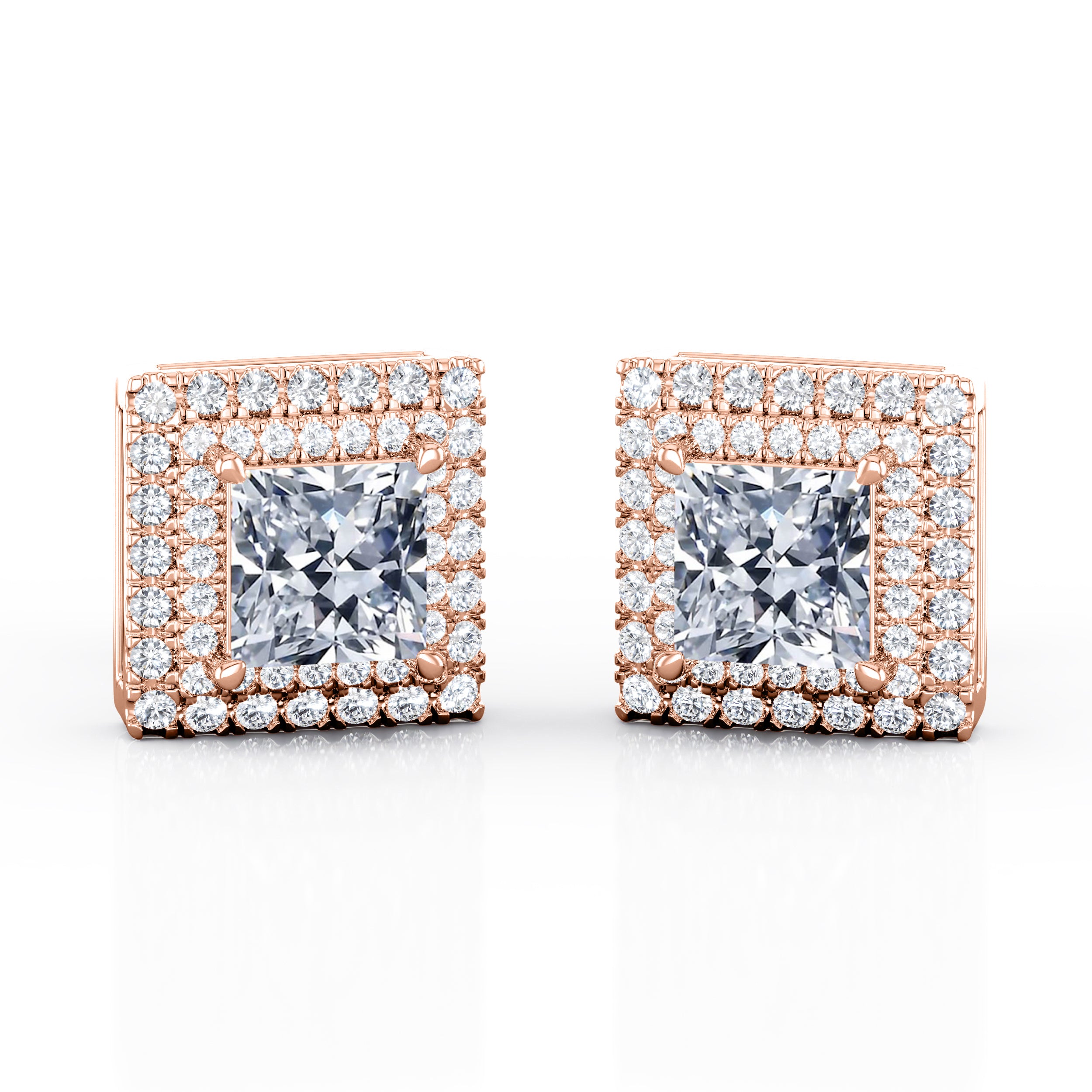 4 Prong Setting 1.20 Carat Princess Cut Certified Moissanite and Diamond Double Halo Encrusted Stud Earrings in White Gold