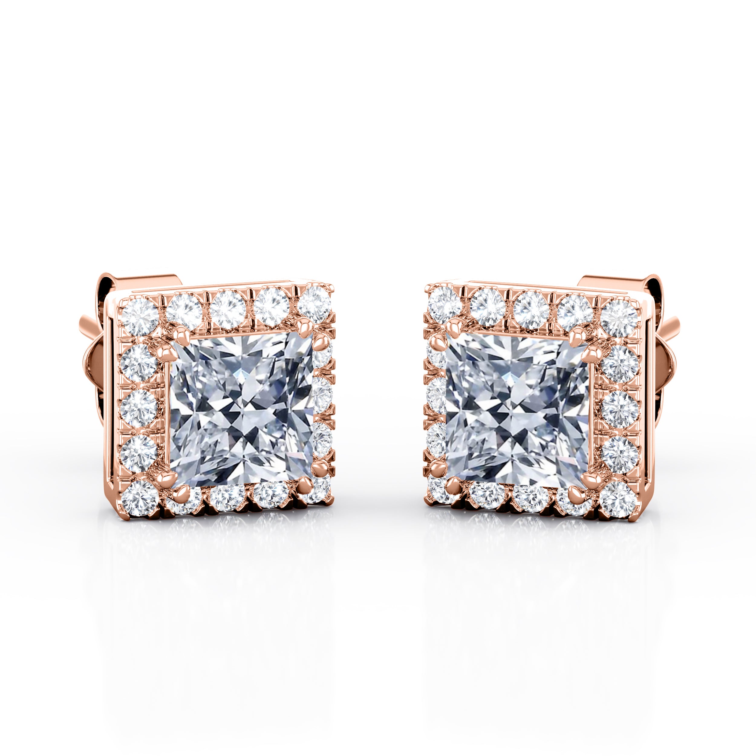 Basket Set 1.10 Carat Princess Cut Certified Moissanite and Frame Diamond Micro Pave Ear Studs in White Gold