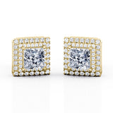 4 Prong Setting 1.20 Carat Princess Cut Certified Moissanite and Diamond Double Halo Encrusted Stud Earrings in White Gold