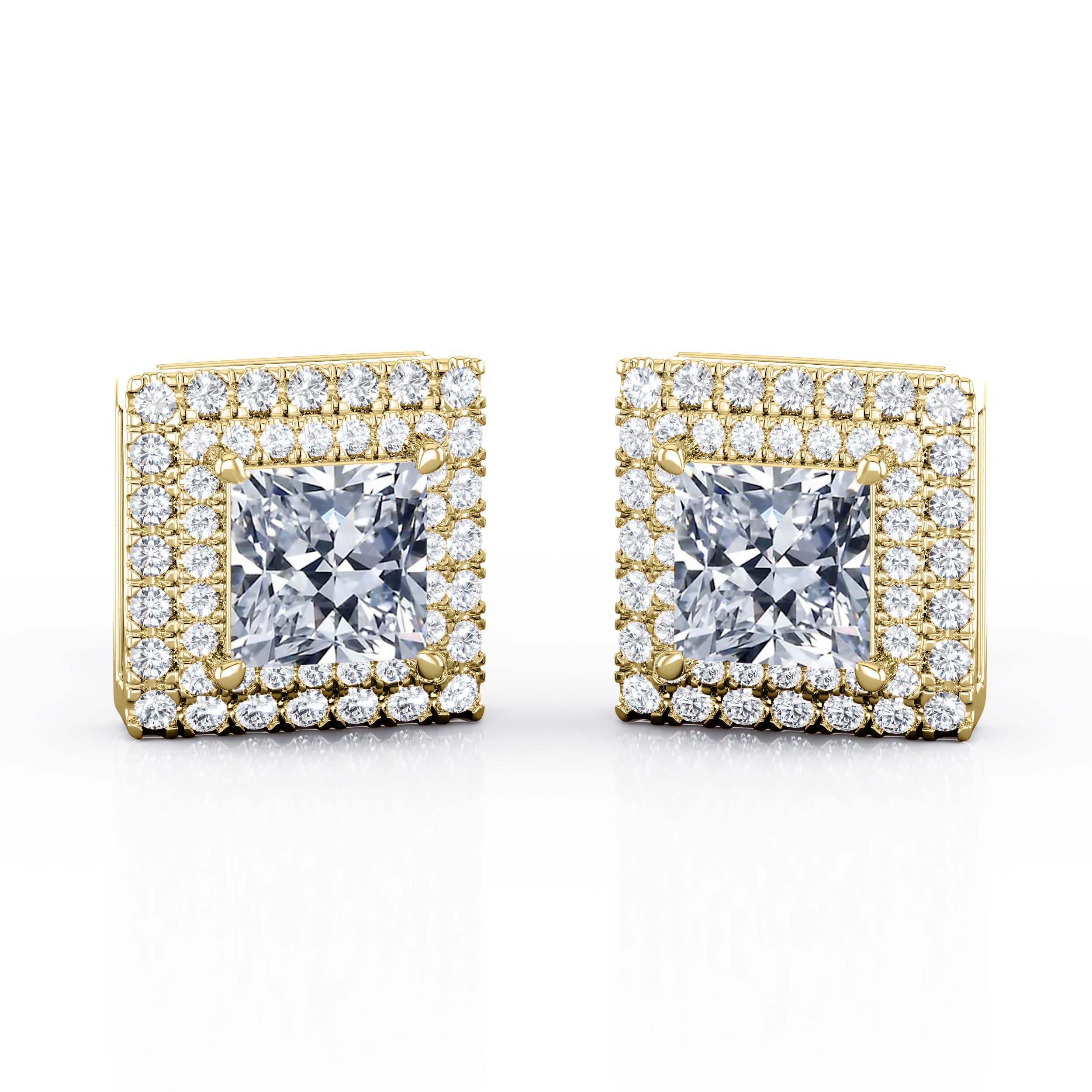 4 Prong Setting 1.20 Carat Princess Cut Certified Moissanite and Diamond Double Halo Encrusted Stud Earrings in White Gold