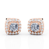 Four Prong 1.10 Carat Cushion Cut Certified Moissanite and Diamond French Pave Under Halo Ear Studs in White Gold