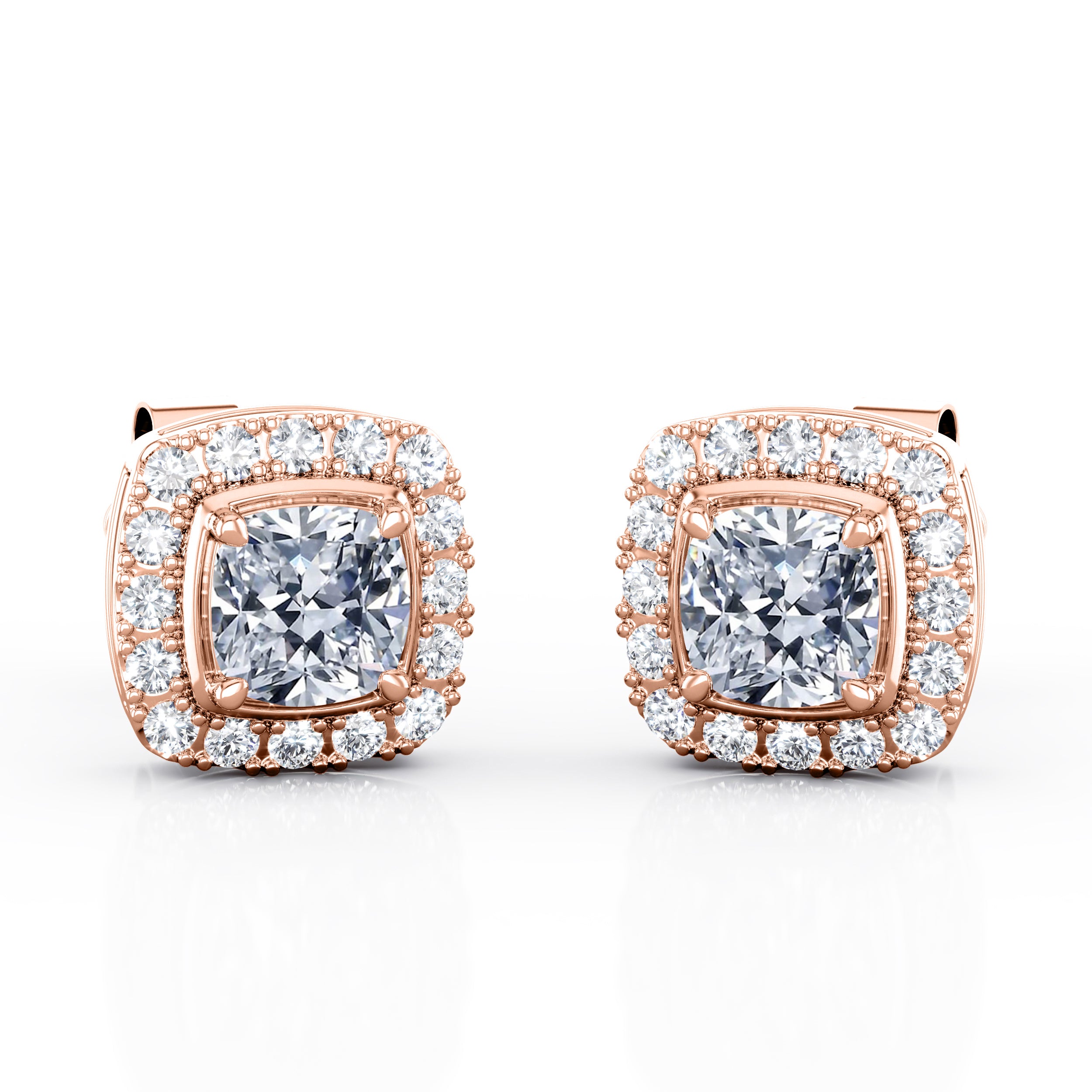 Four Prong 1.10 Carat Cushion Cut Certified Moissanite and Diamond French Pave Under Halo Ear Studs in White Gold