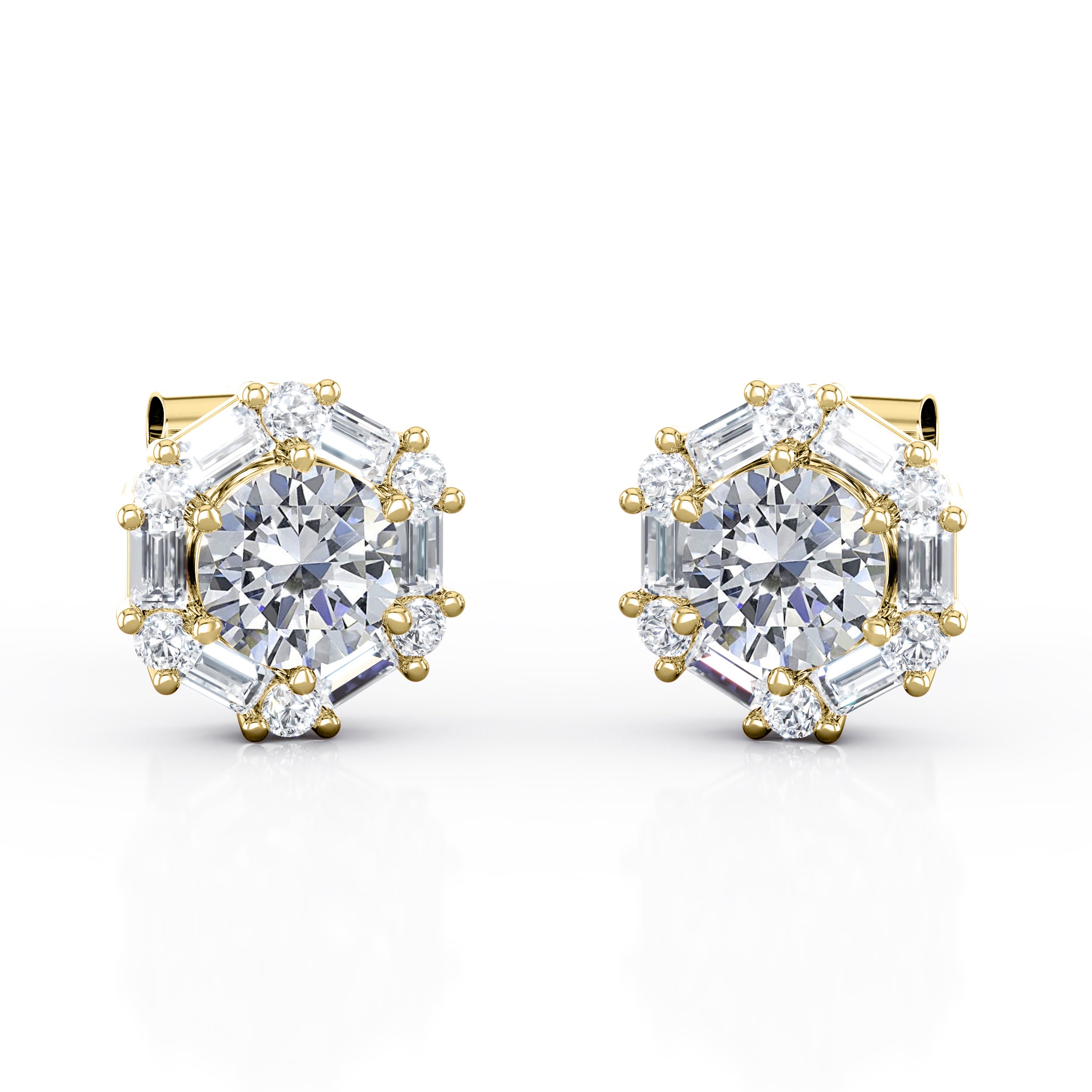 6 Prong 1.25 Carat Round Certified Moissanite and Diamond Hexagonal Halo Stud Earrings in White Gold