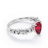 Vintage Style Scroll 0.5 carat Pear Lab Ruby and Diamond Engagement Ring in Rose Gold