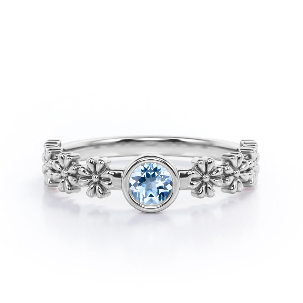 Flower Field 0.5 carat Round Aquamarine Solitaire Nature-Inspired ring in Rose Gold