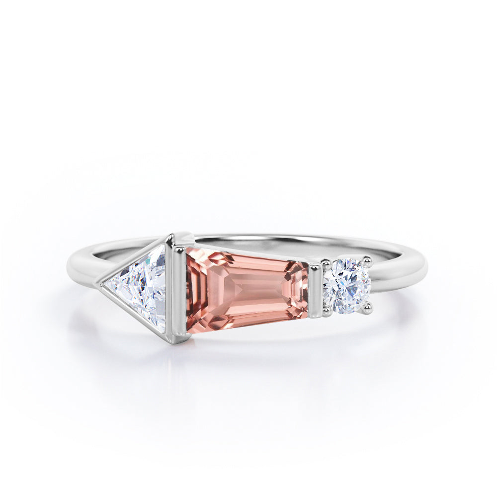 Lovely House Three Stone 1 carat Baguette Morganite and moissanite Engagement Ring in Rose Gold