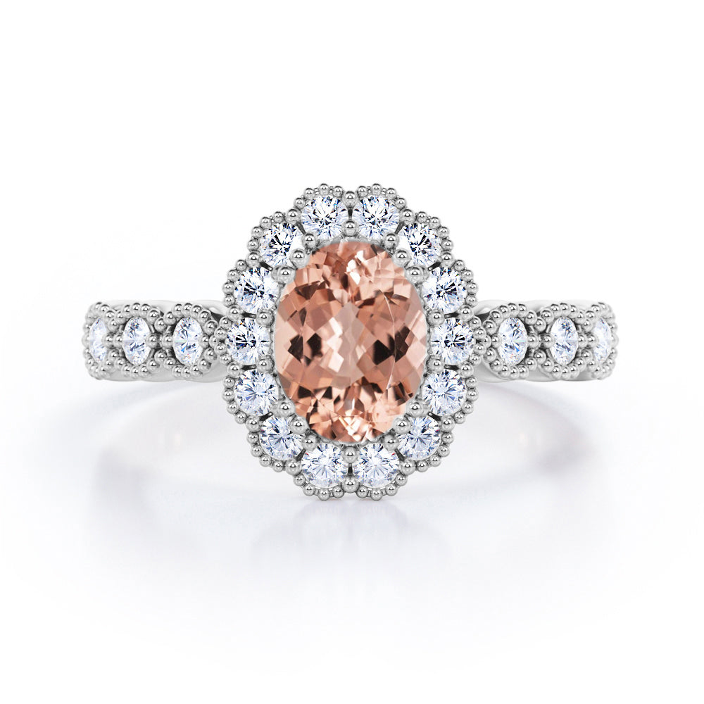 Vintage Floral Halo 0.7 carat Oval and Round Morganite and diamond Engagement Ring in Rose Gold
