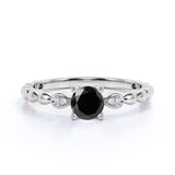 Beaded 1.10 Carat Round Brilliant Lab Black Diamond and Classic Engagement Ring in White Gold