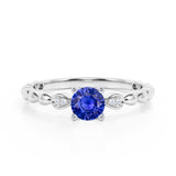 Beaded 1.10 Carat Round Brilliant Dark Blue Sapphire and Diamond Classic Engagement Ring in White Gold