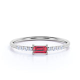 Dainty East West 0.45 Carat Emerald Cut Lab Ruby and Pave Diamond Engagement Ring in White Gold