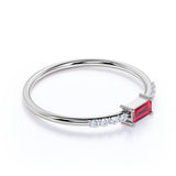 Dainty East West 0.45 Carat Emerald Cut Lab Ruby and Pave Diamond Engagement Ring in White Gold