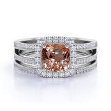 Filigree 2 Carat Cushion Morganite and Diamond Split Shank Wedding Ring Set in White Gold