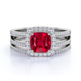 Filigree 2.25 Carat Cushion Lab Ruby and Diamond Split Shank Wedding Ring Set in White Gold